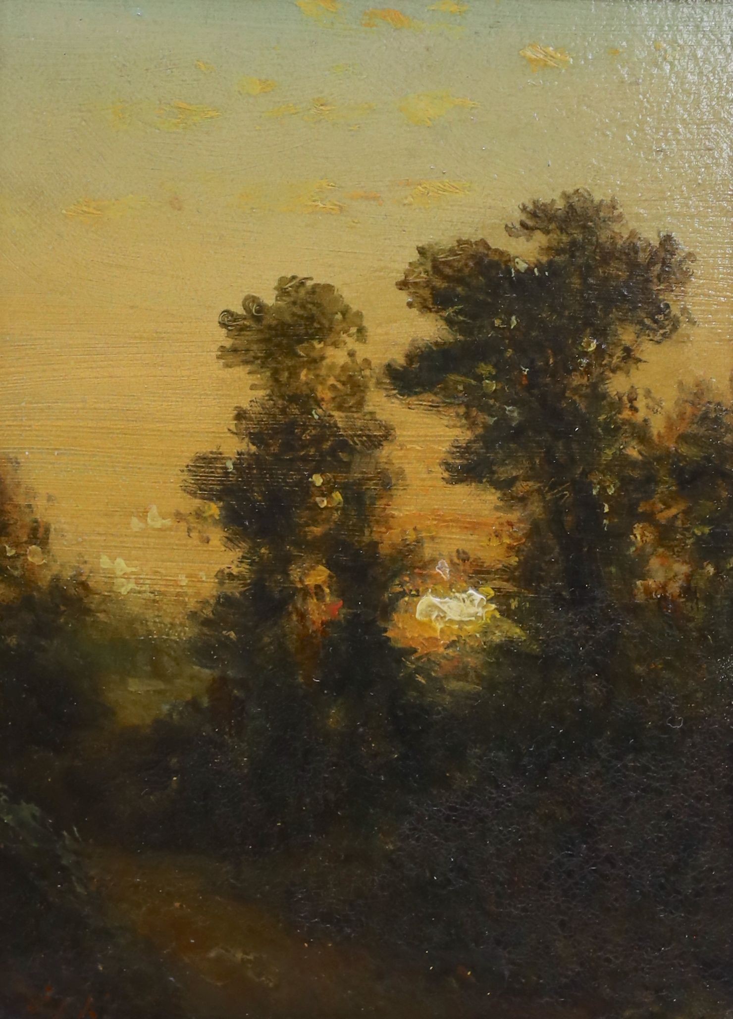 Lodewijk Johannes Kleijn (1817-1897), oil on wooden panel, Woodland at sunset, indistinctly signed, 15 x 11cm